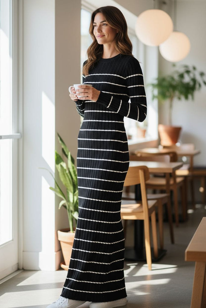 Striped Sweater Maxi Dress 🖤✨ – Cozy Ribbed Long Sleeve Knit Dress)