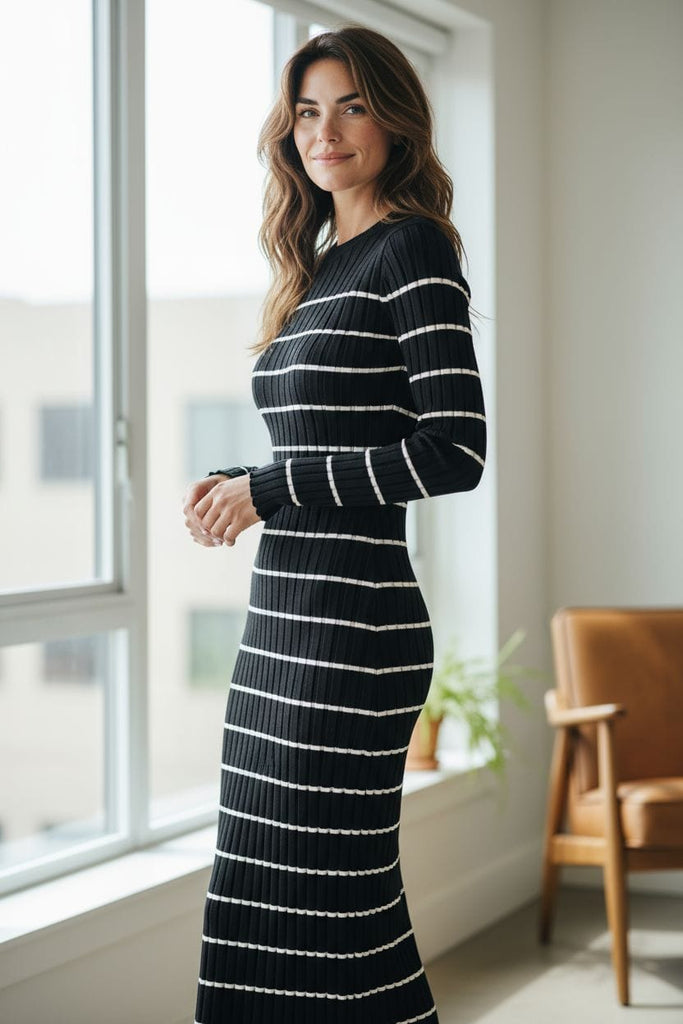 Striped Sweater Maxi Dress 🖤✨ – Cozy Ribbed Long Sleeve Knit Dress)