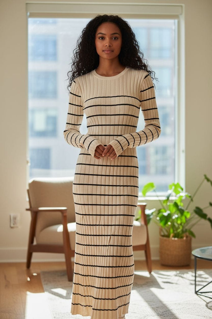 Cozy Chic Ribbed Sweater Maxi Dress 🤎🖤 – Effortless Stripes & Timeless Style