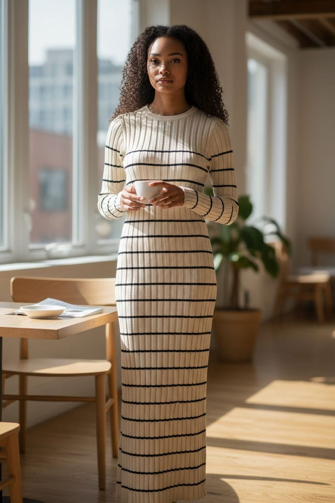 Cozy Chic Ribbed Sweater Maxi Dress 🤎🖤 – Effortless Stripes & Timeless Style