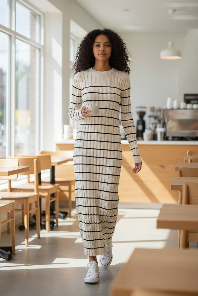 Cozy Chic Ribbed Sweater Maxi Dress 🤎🖤 – Effortless Stripes & Timeless Style