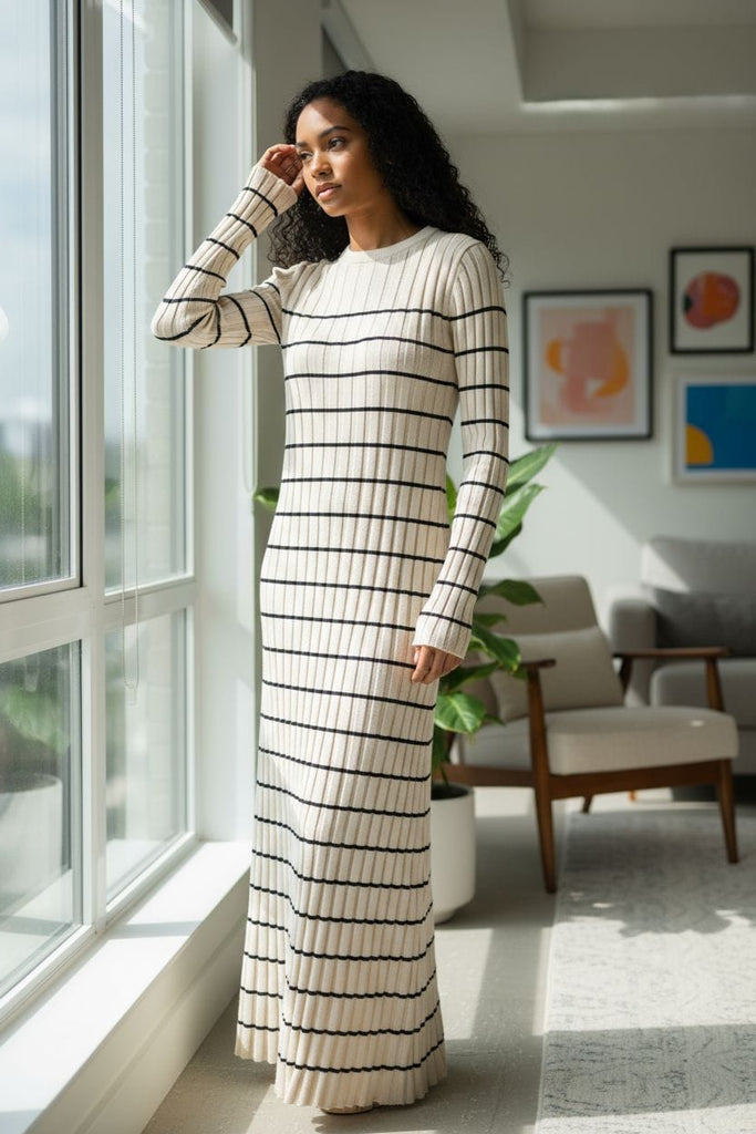 Cozy Chic Ribbed Sweater Maxi Dress 🤎🖤 – Effortless Stripes & Timeless Style