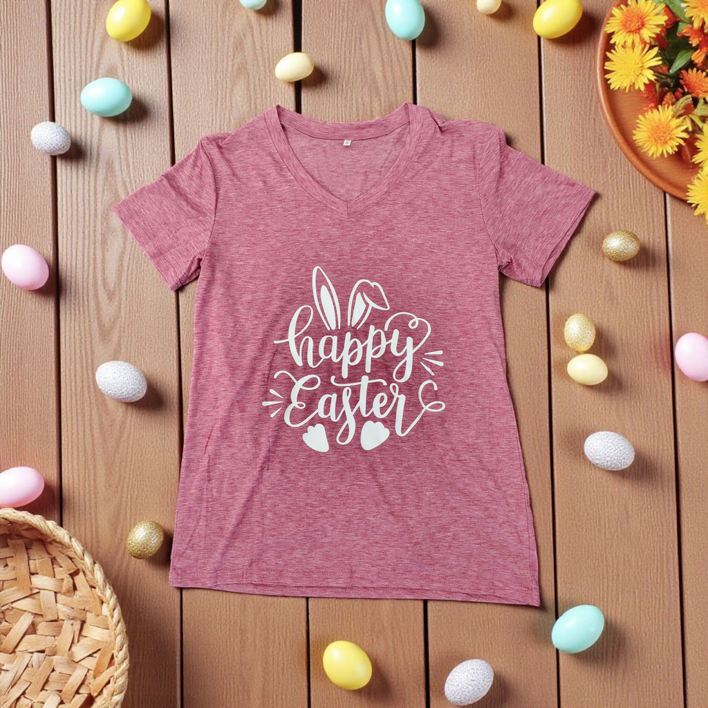 Happy Easter Bunny Tee 🐇💐 – Pink V-Neck Spring Shirt for Women