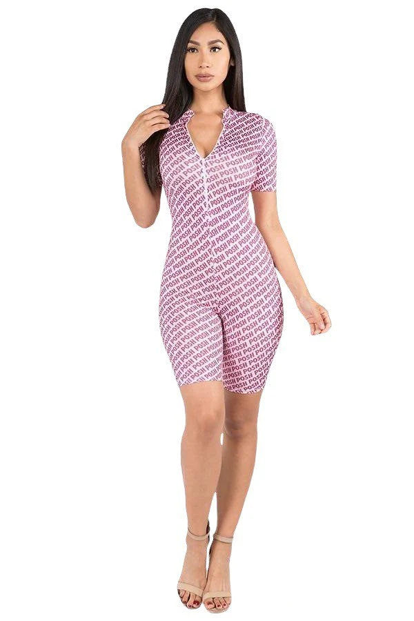 POSH🩷✨Sexy Printed Stretch Romper Jumpsuit Short Sleeve V-Neck✨🩷