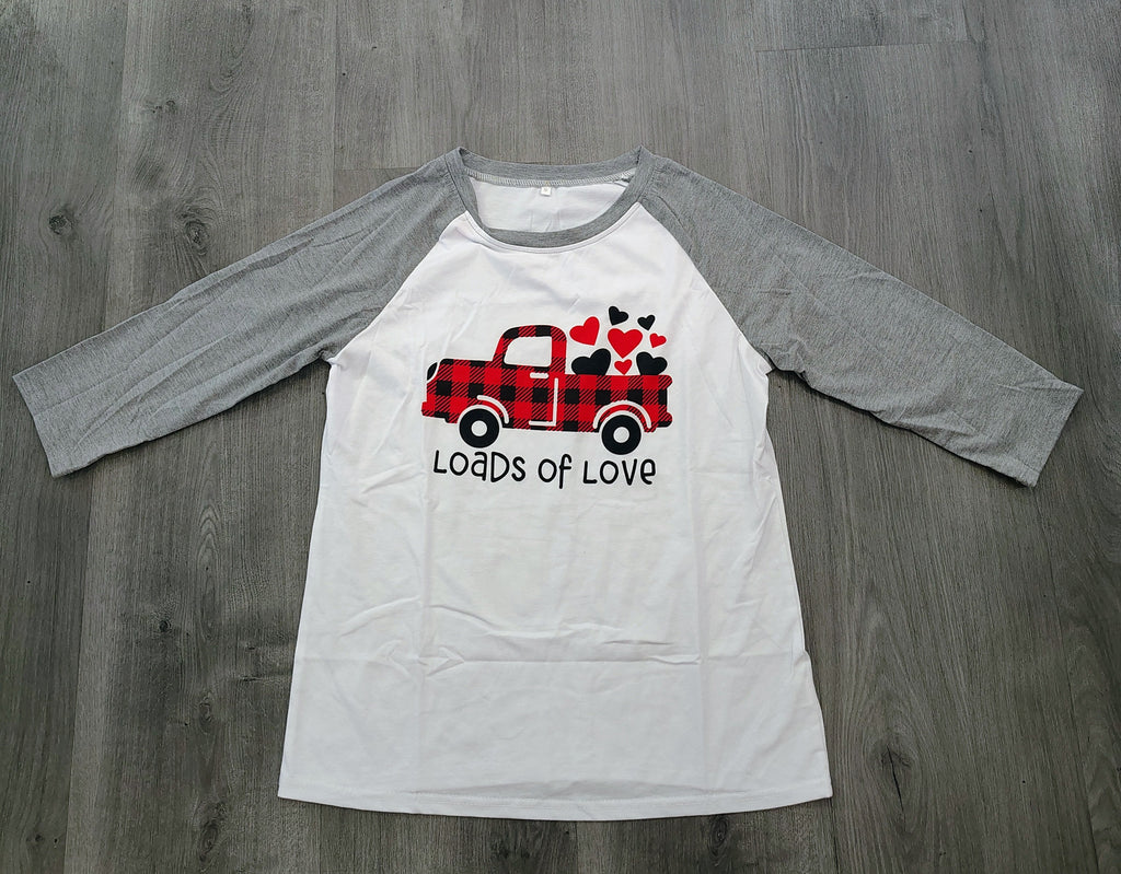 “Loads of Love” Raglan Tee 🚚❤️ – Plaid Truck Valentine Shirt 💌