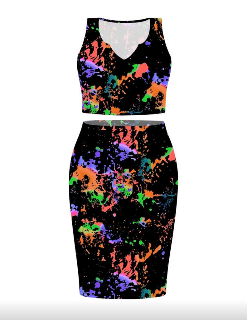 Splash 🎨| ✨ Neon Paint Splash Two-Piece Set 🎨 | Sexy Bodycon Crop Top & Skirt Set for Party or Night Out 💃🏽🌈