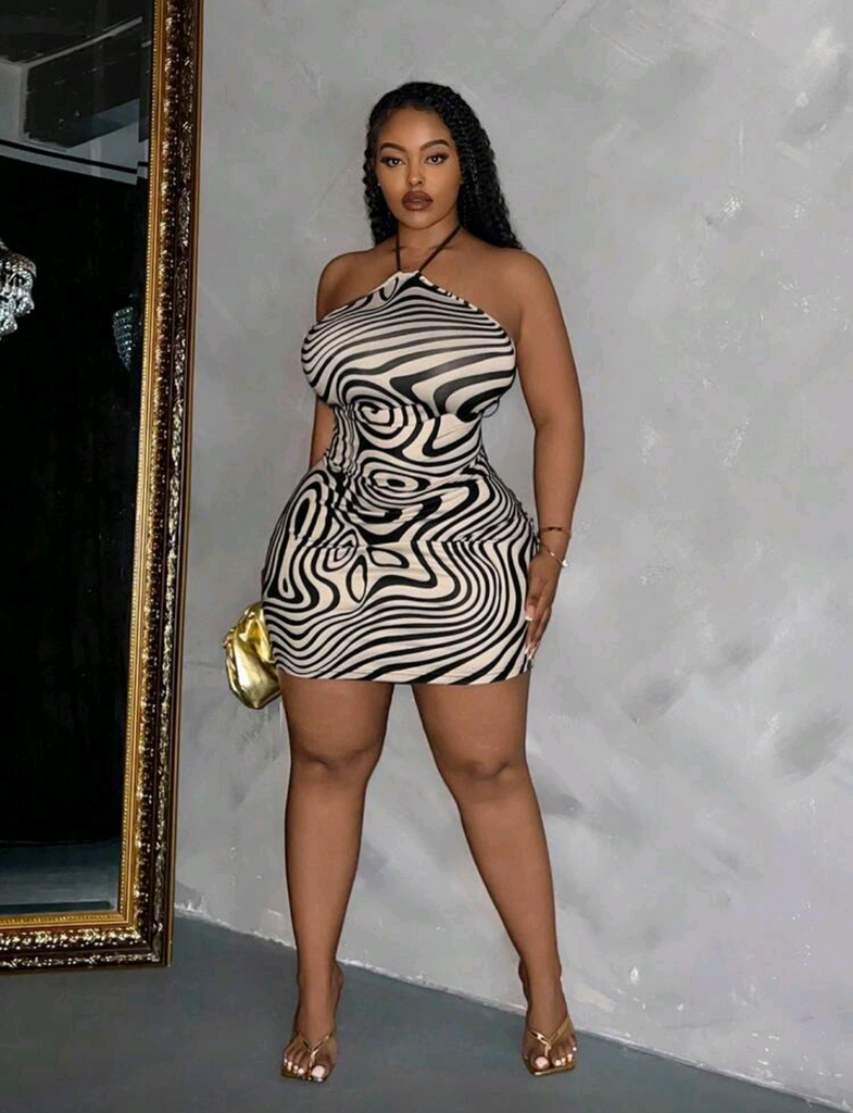 🖤 Curvy Illusion Halter Bodycon Mini Dress 🌀 | Sexy Black & Cream Swirl Print Night Out Dress 💋✨