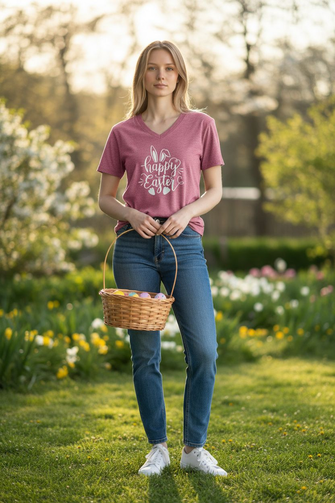 Happy Easter Bunny Tee 🐇💐 – Pink V-Neck Spring Shirt for Women