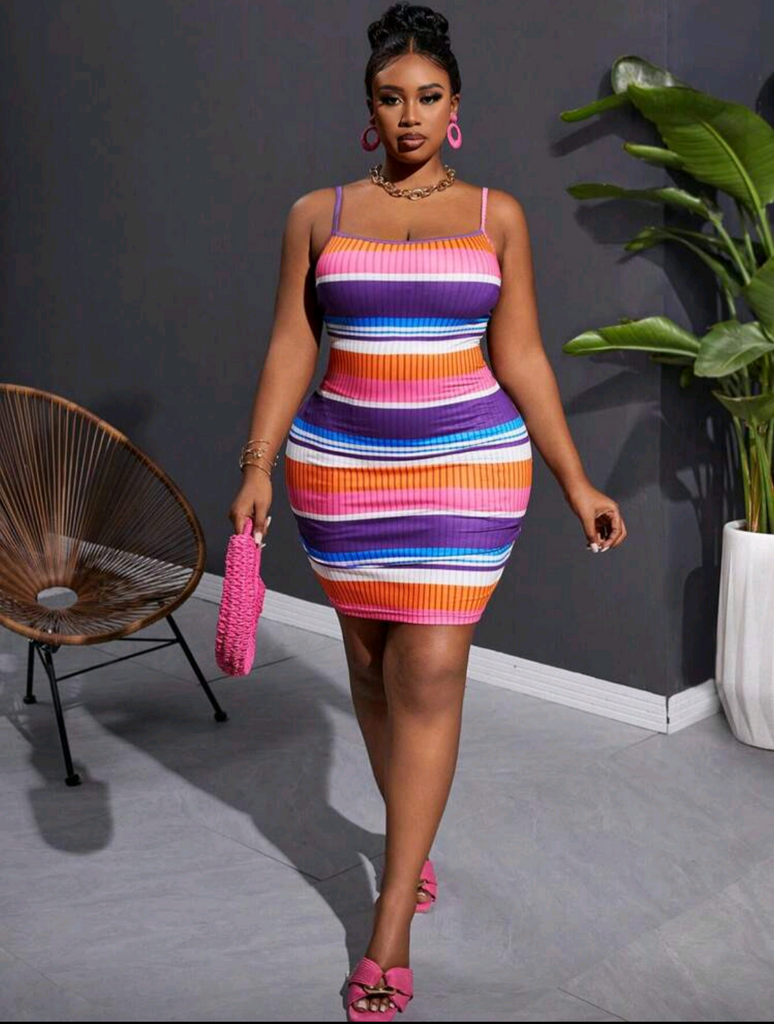 🍭CANDY KISSES 💋🔥 Bold Rainbow Stripe Bodycon Mini Dress 🌈 | Sexy Ribbed Knit Club Dress for Curvy Women 💃🏾✨