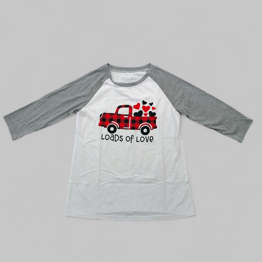 “Loads of Love” Raglan Tee 🚚❤️ – Plaid Truck Valentine Shirt 💌