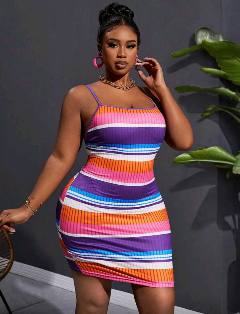🍭CANDY KISSES 💋🔥 Bold Rainbow Stripe Bodycon Mini Dress 🌈 | Sexy Ribbed Knit Club Dress for Curvy Women 💃🏾✨