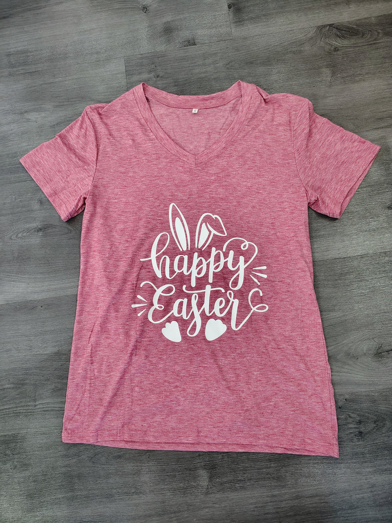 Happy Easter Bunny Tee 🐇💐 – Pink V-Neck Spring Shirt for Women