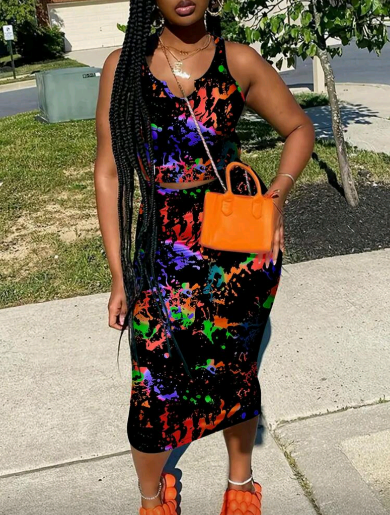 Splash 🎨| ✨ Neon Paint Splash Two-Piece Set 🎨 | Sexy Bodycon Crop Top & Skirt Set for Party or Night Out 💃🏽🌈