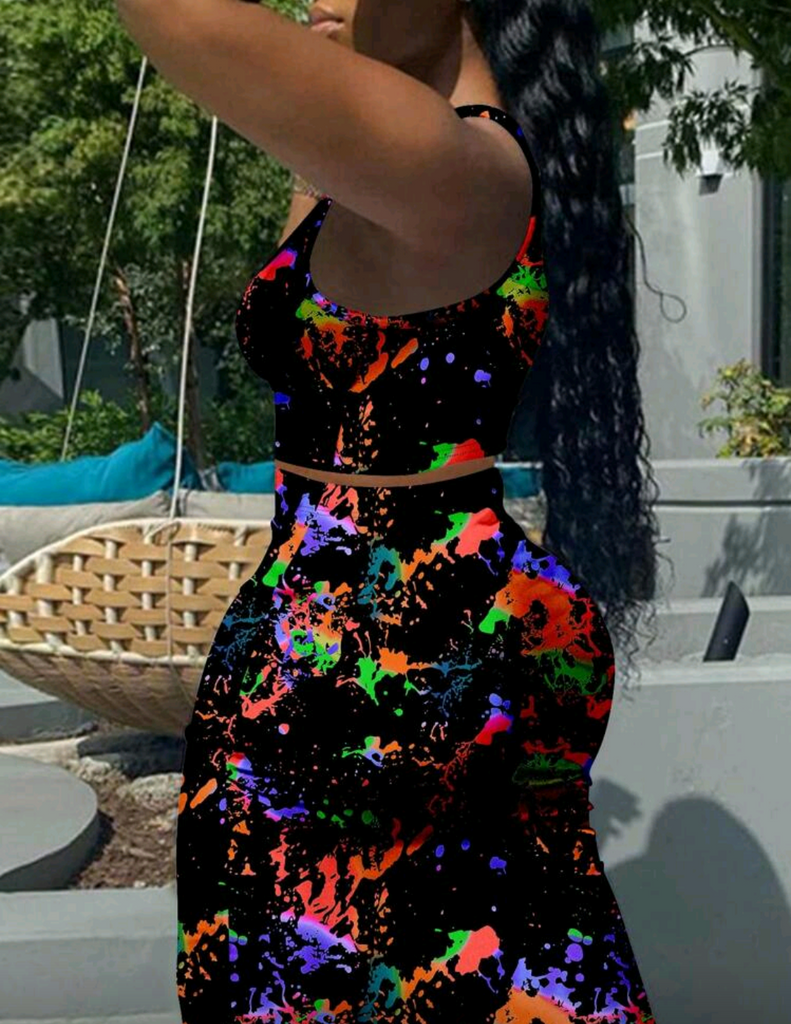 Splash 🎨| ✨ Neon Paint Splash Two-Piece Set 🎨 | Sexy Bodycon Crop Top & Skirt Set for Party or Night Out 💃🏽🌈