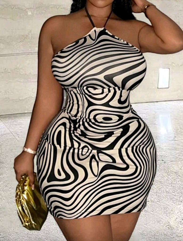 🖤 Curvy Illusion Halter Bodycon Mini Dress 🌀 | Sexy Black & Cream Swirl Print Night Out Dress 💋✨