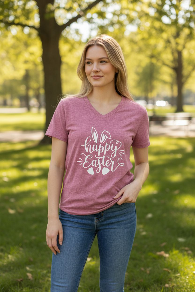 Happy Easter Bunny Tee 🐇💐 – Pink V-Neck Spring Shirt for Women