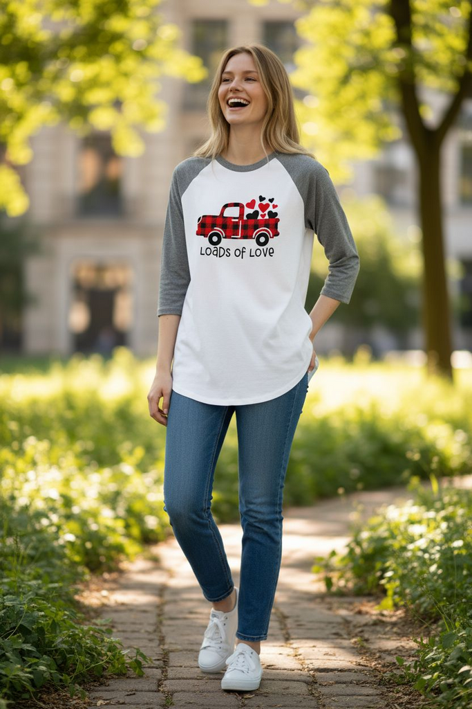 “Loads of Love” Raglan Tee 🚚❤️ – Plaid Truck Valentine Shirt 💌