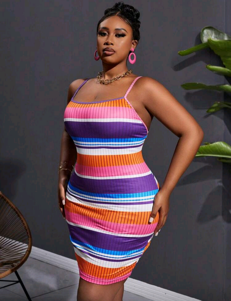 🍭CANDY KISSES 💋🔥 Bold Rainbow Stripe Bodycon Mini Dress 🌈 | Sexy Ribbed Knit Club Dress for Curvy Women 💃🏾✨