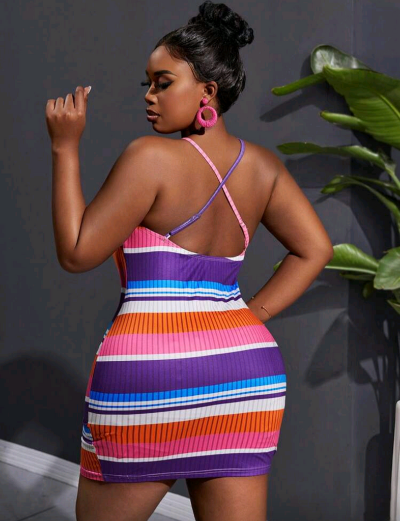 🍭CANDY KISSES 💋🔥 Bold Rainbow Stripe Bodycon Mini Dress 🌈 | Sexy Ribbed Knit Club Dress for Curvy Women 💃🏾✨