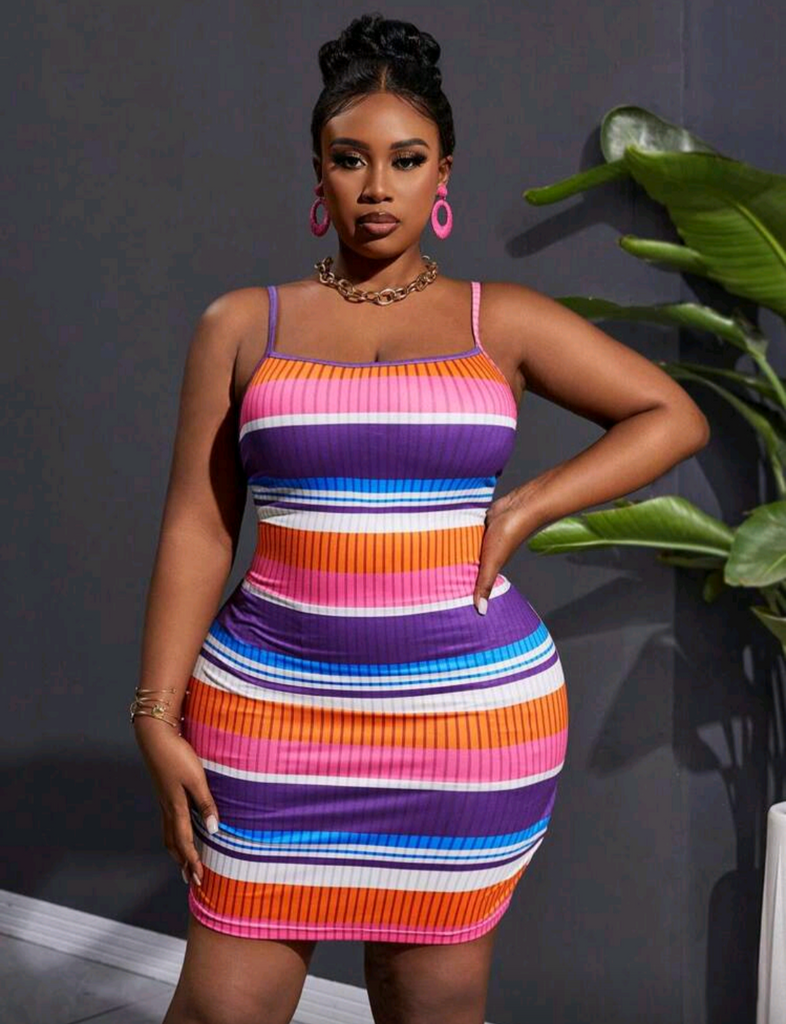 🍭CANDY KISSES 💋🔥 Bold Rainbow Stripe Bodycon Mini Dress 🌈 | Sexy Ribbed Knit Club Dress for Curvy Women 💃🏾✨