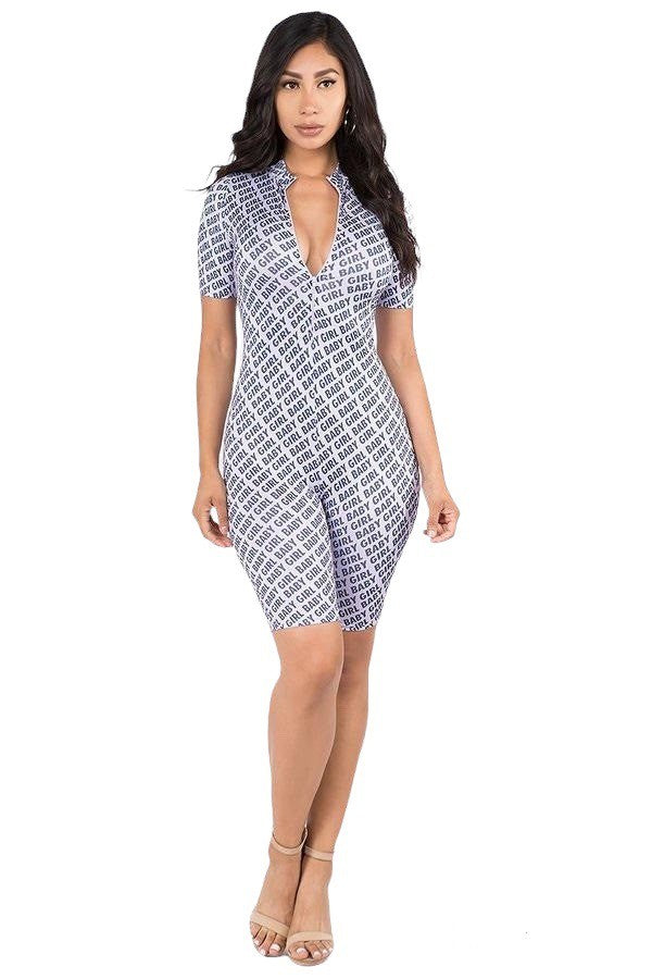 Sexy Printed Stretch Romper Jumpsuit Short Sleeve V-Neck