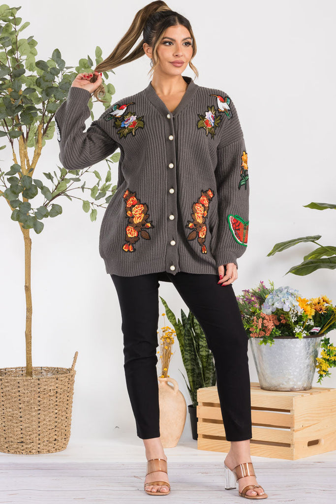 Pearl-Button Patch Knit Cardigan Relaxed V-Neck One-Size Cozy