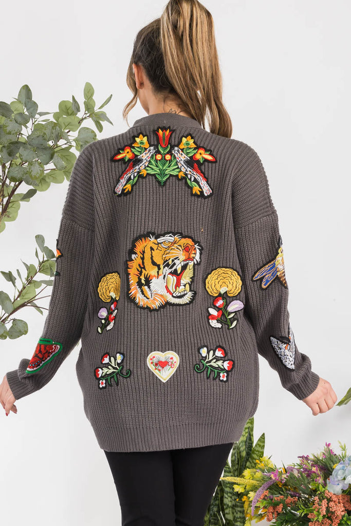 Pearl-Button Patch Knit Cardigan Relaxed V-Neck One-Size Cozy